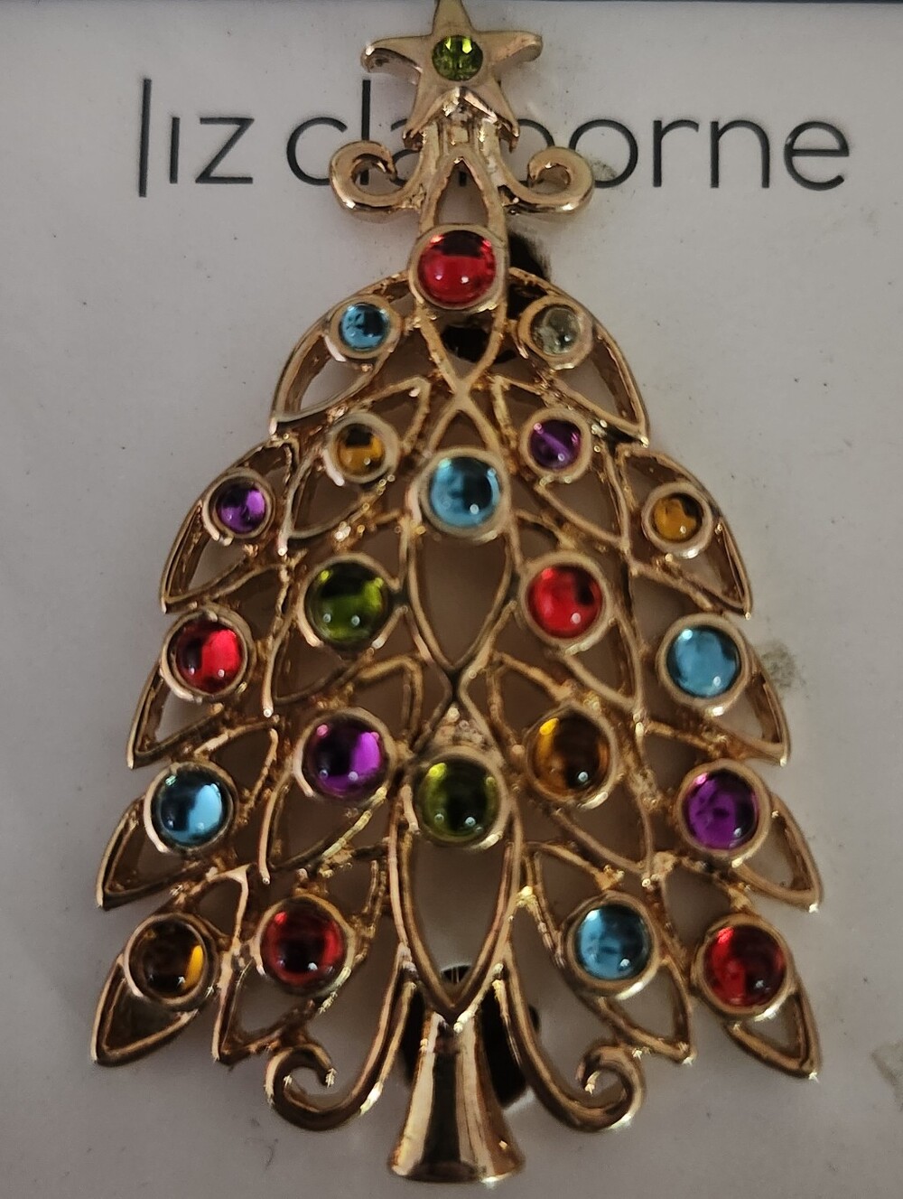 Liz Claiborne Gold-Tone Multicolor Crystal Holiday Tree Brooch New In Box